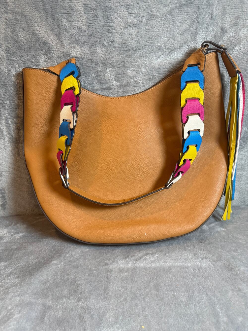 Henri Bendel New York Tan Hobo Bag Multicolor Link Strap Tassel Rare